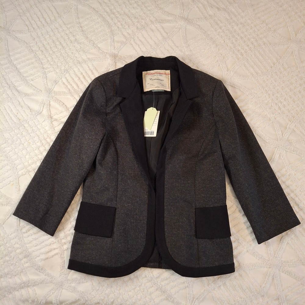 Cartonnier Womens 8 Blazer Charcoal Grey Black Ruffle Peplum Hook Eye NWT